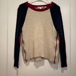 Autumn Cashmere Mens 100% Cashmere Raglan Zip Side Sweater Cream Navy Red Large